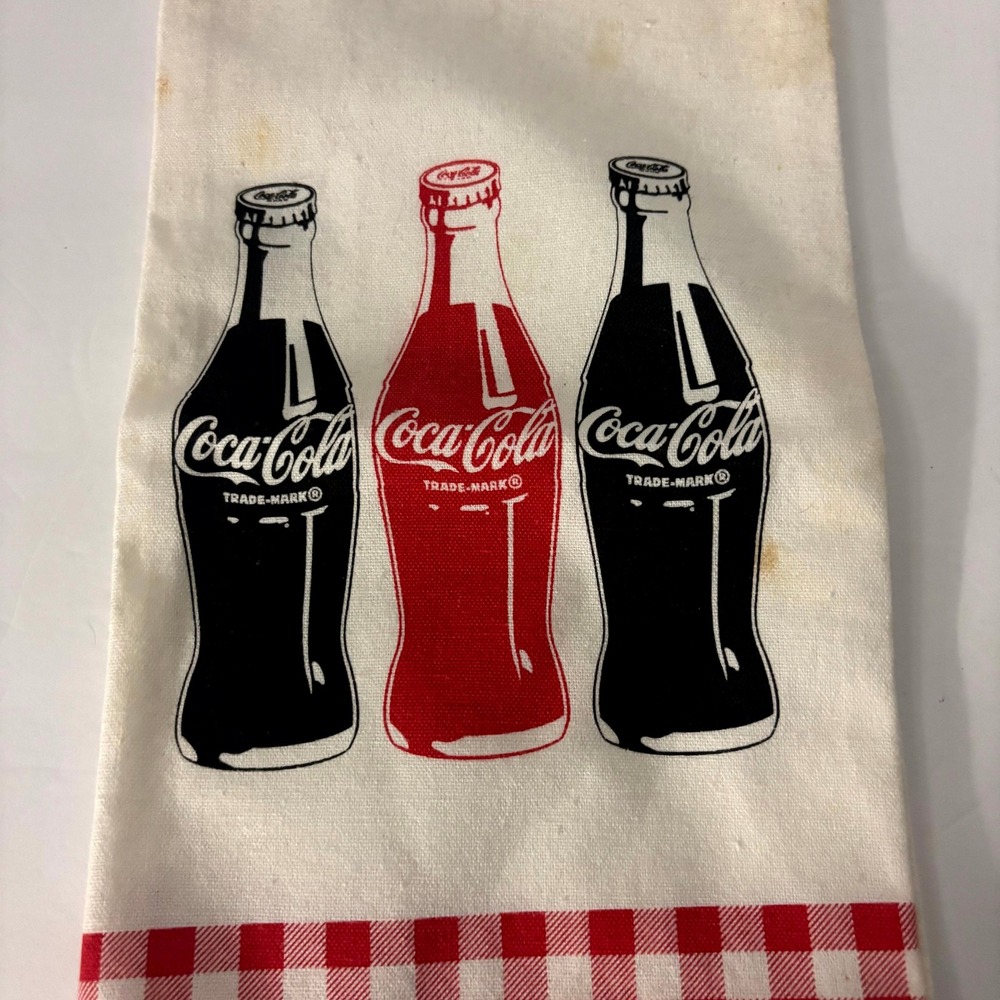 Coca-Cola Kitchen Tea Towel 25x13 Red Gingham Coke Bottles Retro - Picture 2 of 6